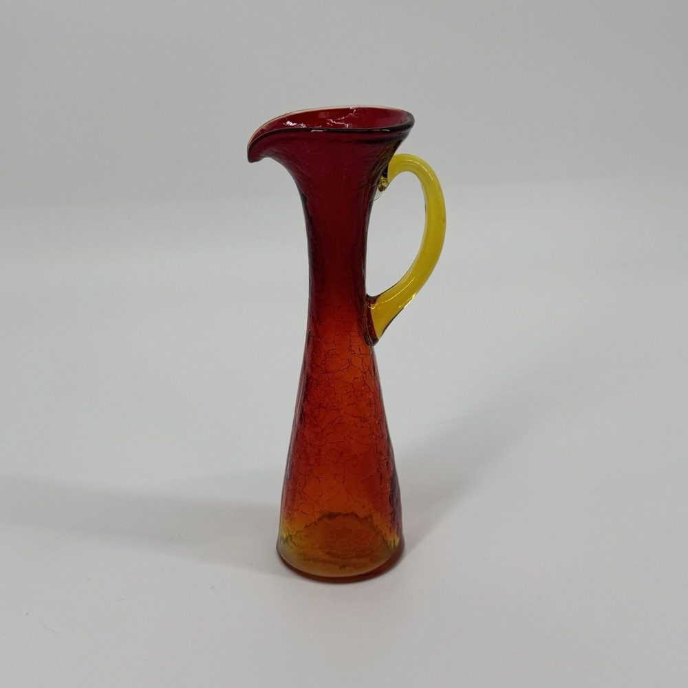 Vintage Amberina Red Crackle Art Glass Pitcher Yellow Handle Hand Blown MCM